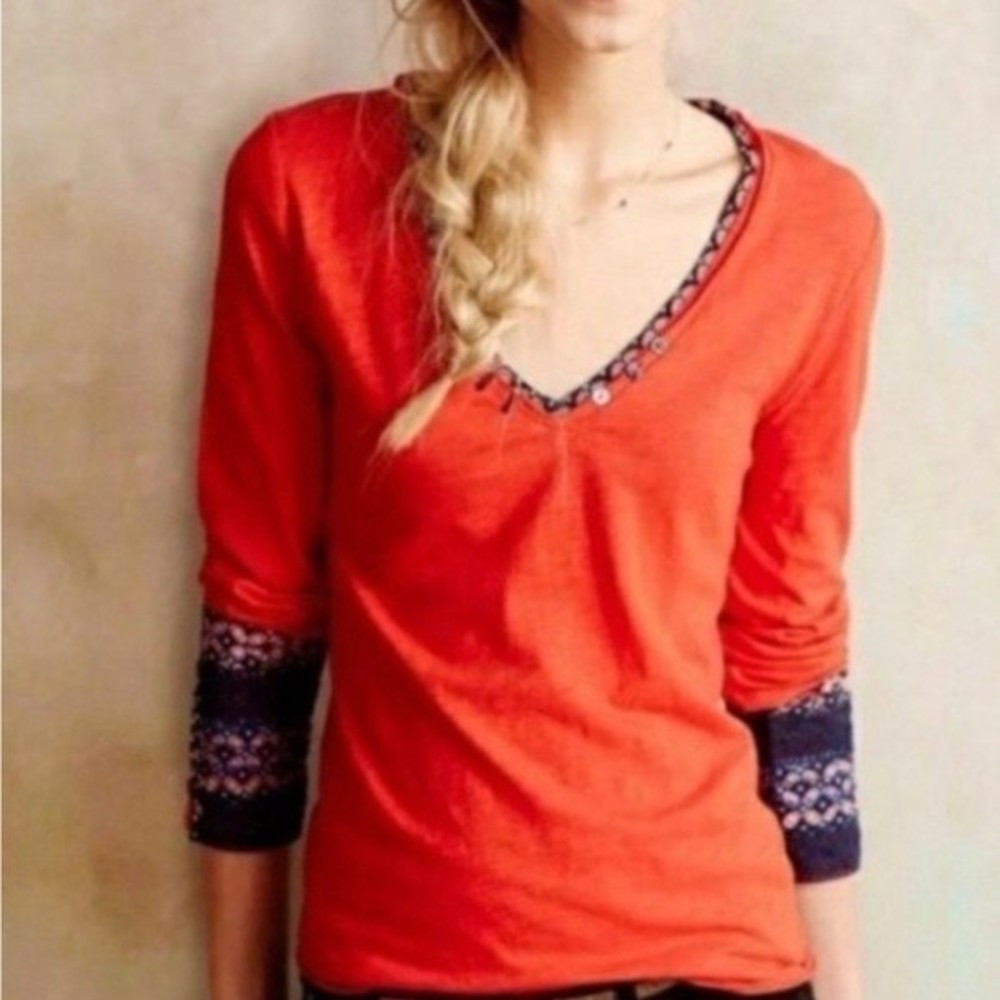 Anthropologie Little Yellow Button Red Long Sleeve Top‎ Embellished Cuffs sz XS